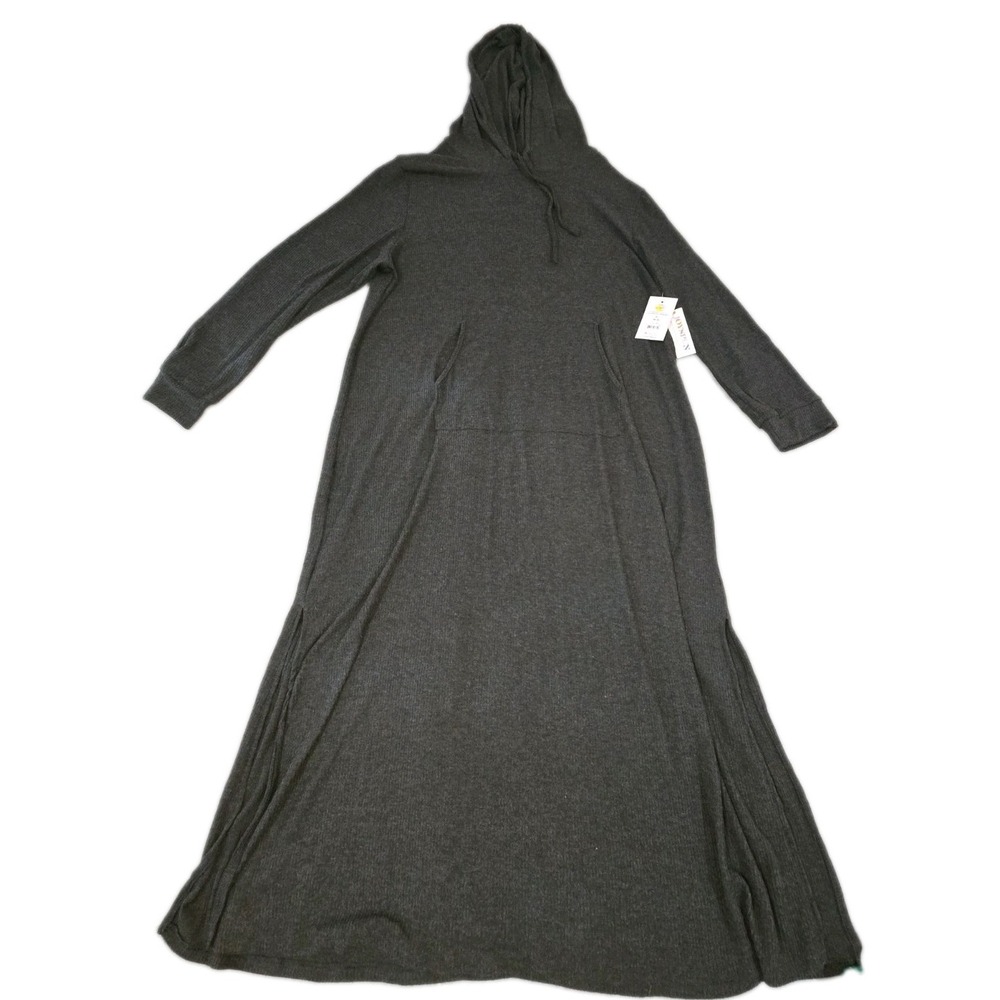 Joyspun Dress Gown Womens XL 16-18 Hacci Chemise Black Ribbed Hooded Sleep  NWT